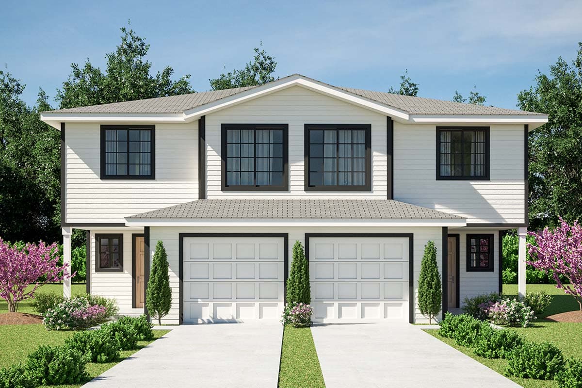 House plan exterior: two-story duplex with twin garages, gabled roof, and black-framed windows.