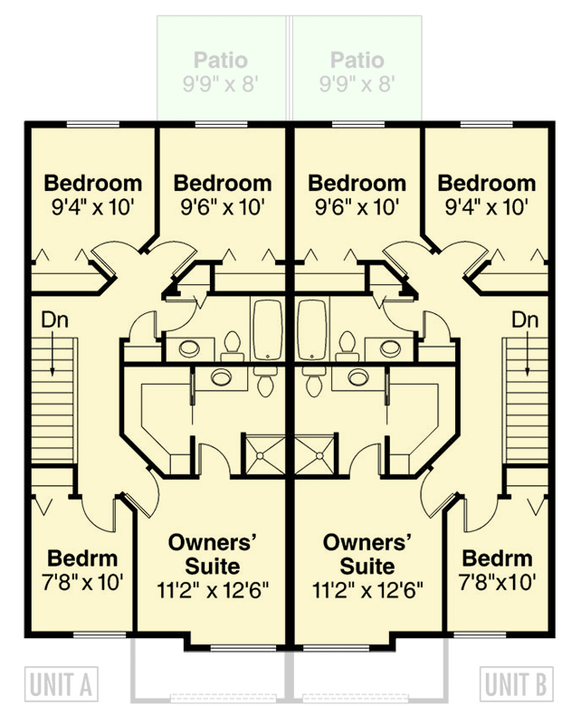Plan 72288DA: 4 Bed Duplex House Plan with Matching 1284 Square Foot Units - Floor Plan - 2nd Floor - Country, Traditional