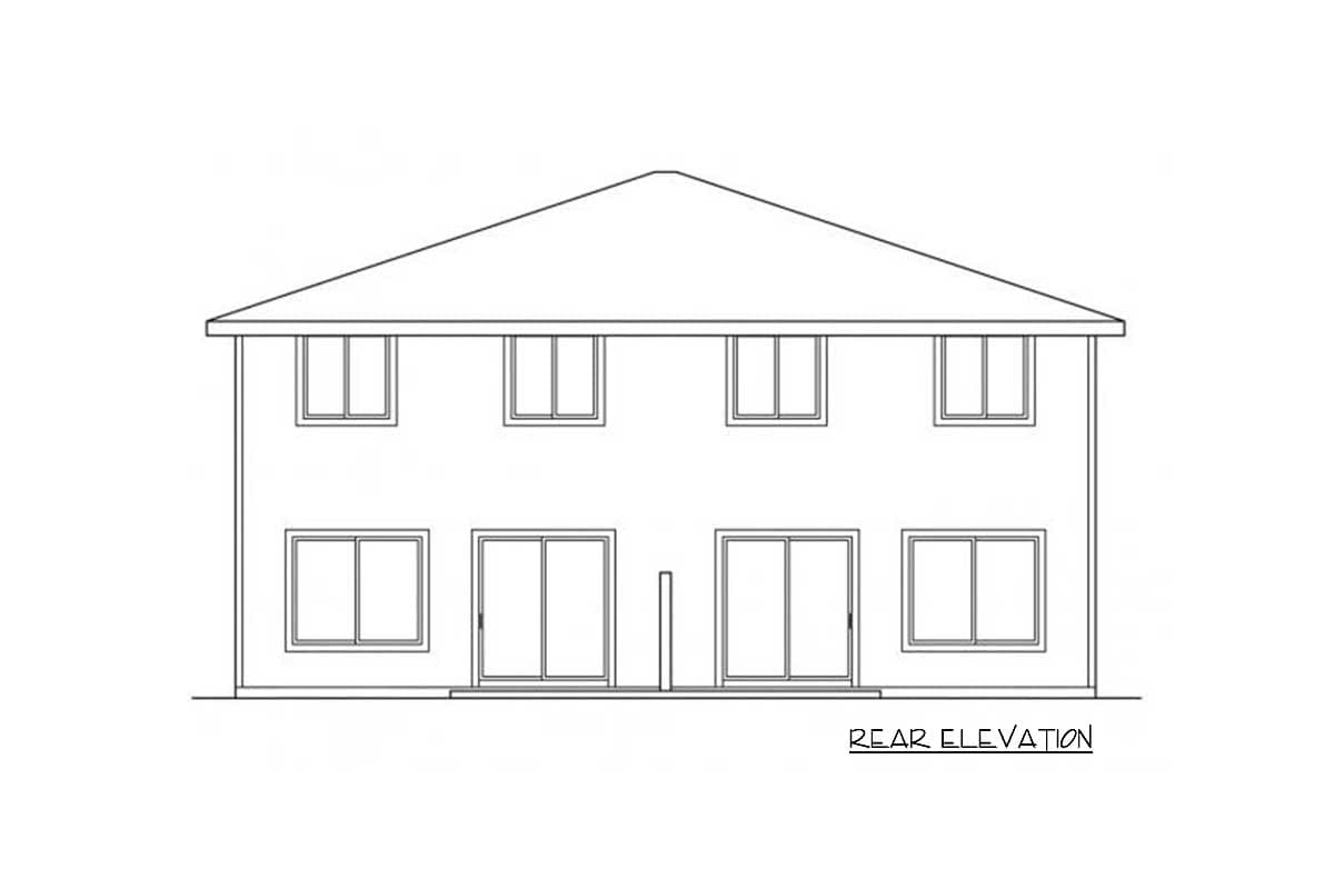Rear elevation drawing of a two-story house plan featuring a symmetrical facade with multiple windows and sliding doors.