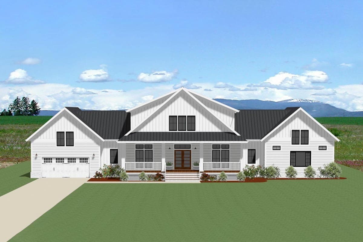 House plan exterior. Modern Farmhouse style, single story, with a porch, gables, and attached garage. Metal roofing.
