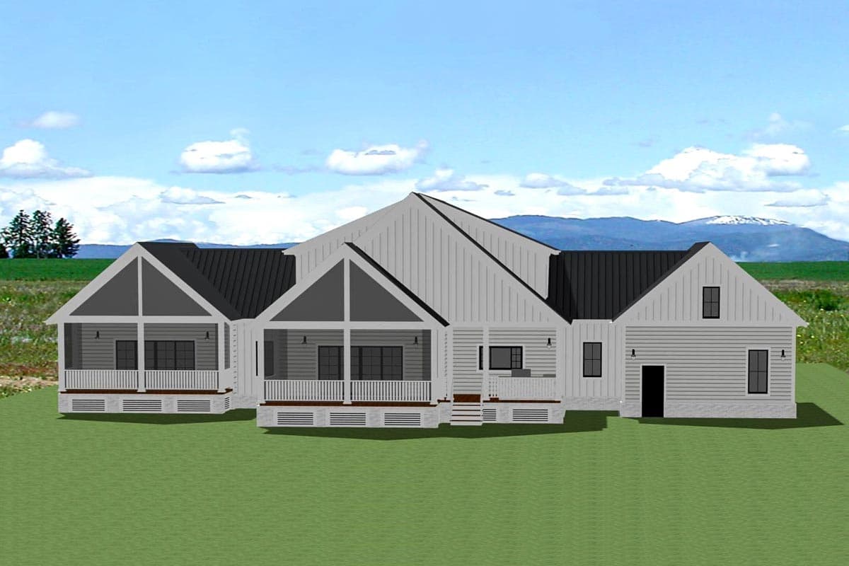 House plan exterior of a Modern Farmhouse style home with two stories, gabled dormers, and a covered front porch.