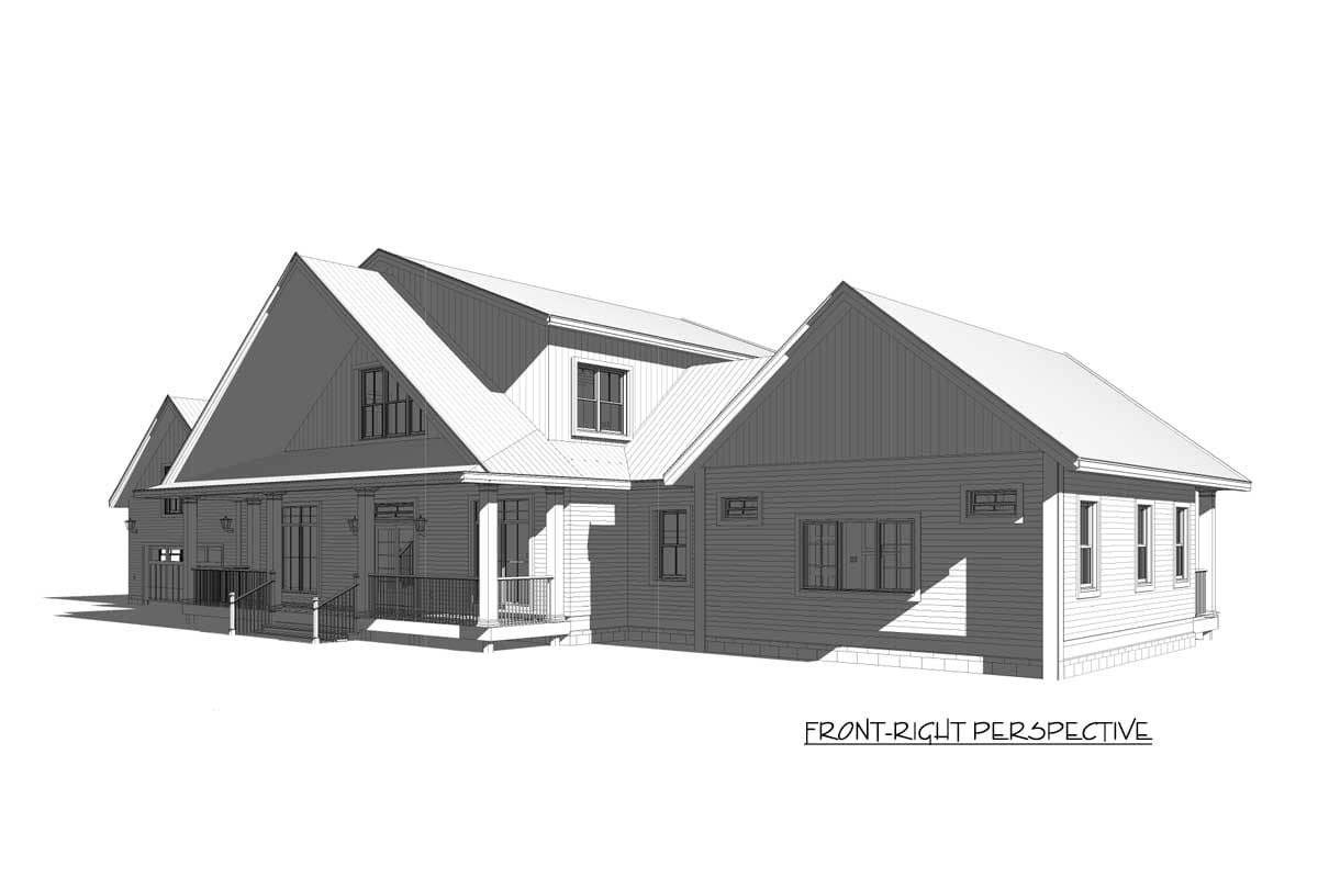 House plan exterior, front-right perspective. Features prominent gables, a wrap-around porch with columns, and a metal roof.