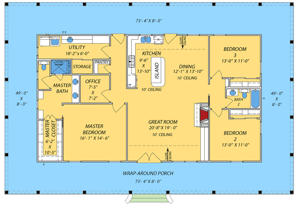 Plan 83827JW: Country House Plan with Full Wrap-around Porch and a Home Office - 1854 Sq Ft - Floor Plan - Main Level - Country, Farmhouse, Ranch, Traditional