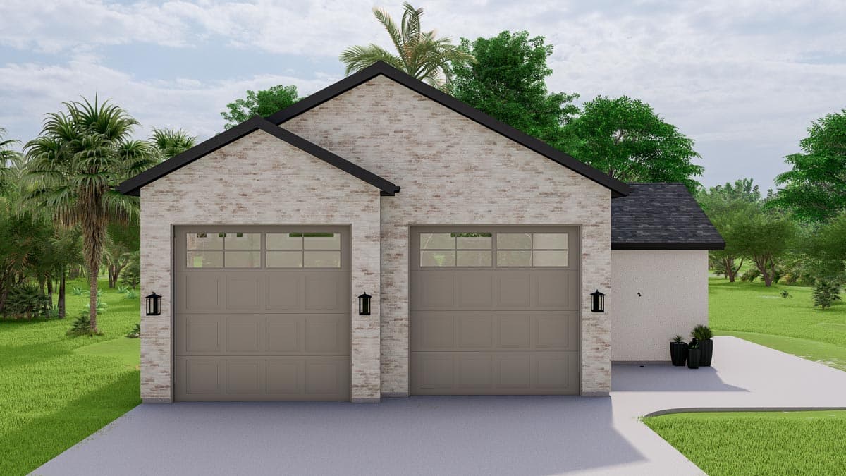 House plan exterior: Modern style, brick facade, and double garage doors with glass inserts. Black gables and rooflines.