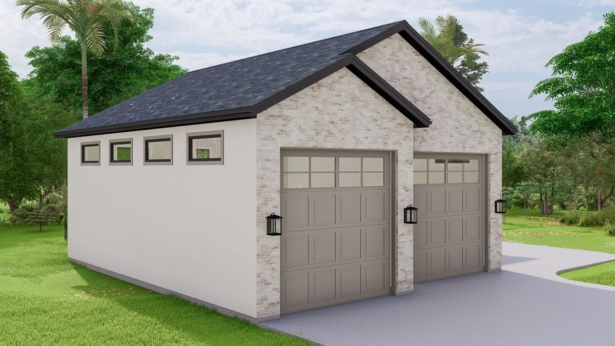 Modern garage with two bays, stucco siding, brick accents, gabled roof, and three narrow horizontal windows.