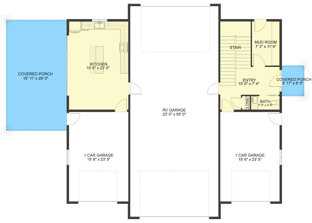 Plan 61249UT: 2-Bed Carriage Farmhouse with RV Garage - Floor Plan - Main Level - Barndominium, Carriage, Country, Farmhouse, Modern Farmhouse, New American