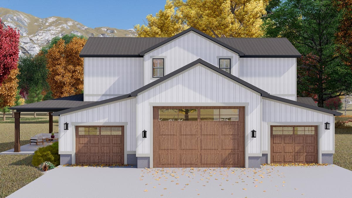 Modern Farmhouse house plan exterior with three garage bays, white vertical siding, and a covered porch.
