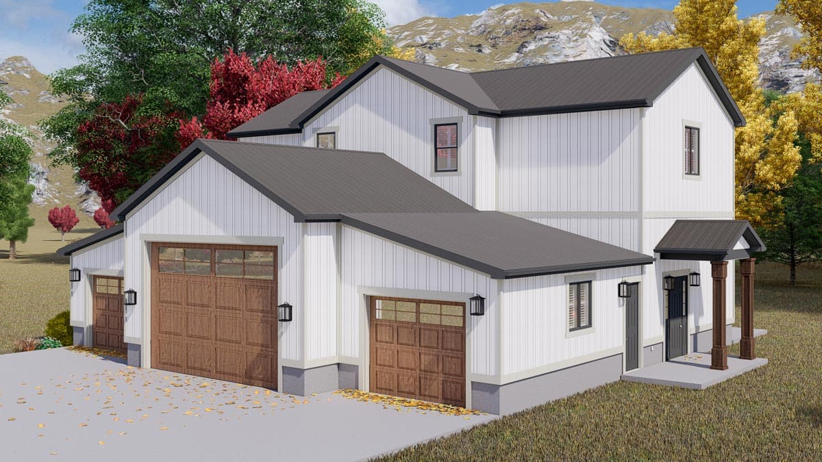 House plan exterior: Modern Farmhouse style, two stories, white vertical siding, metal roof, 3-car garage, covered entry.