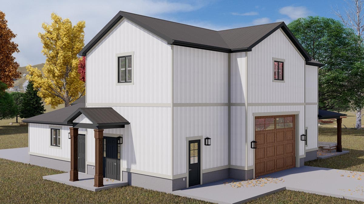 House plan exterior of a two-story modern farmhouse with board and batten siding, gabled roof, multiple entryways, and attached garage.