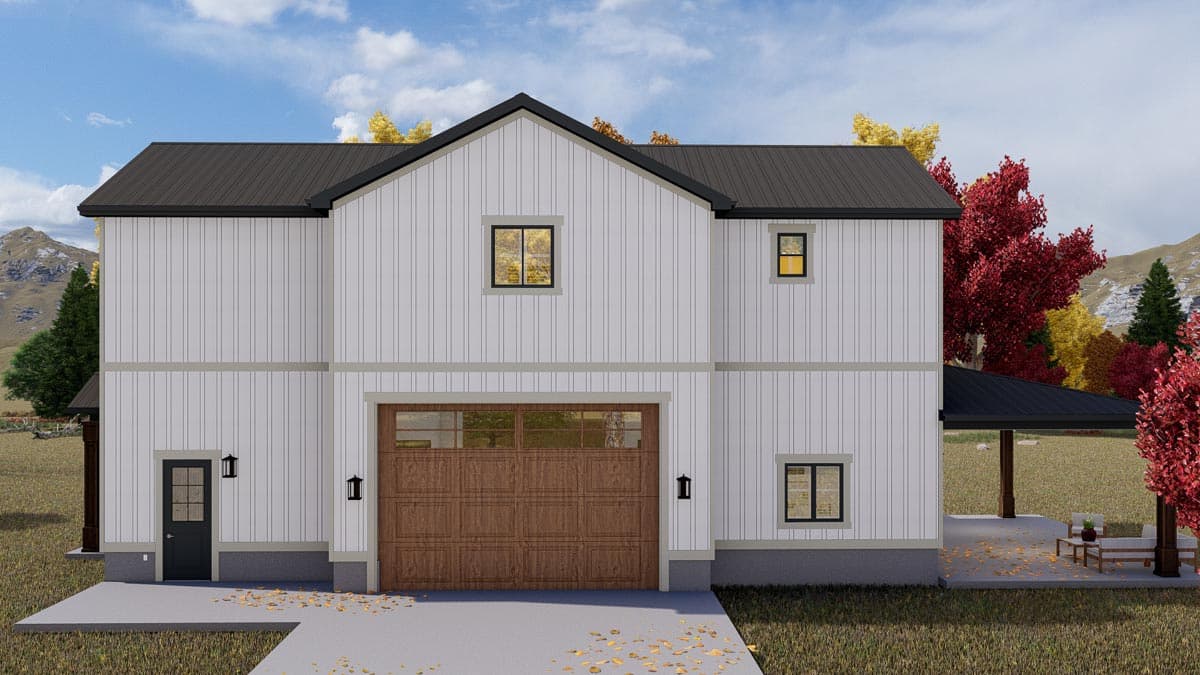 House plan exterior: Two-story Modern Farmhouse with white board and batten siding, prominent gabled front, and attached two-car garage.
