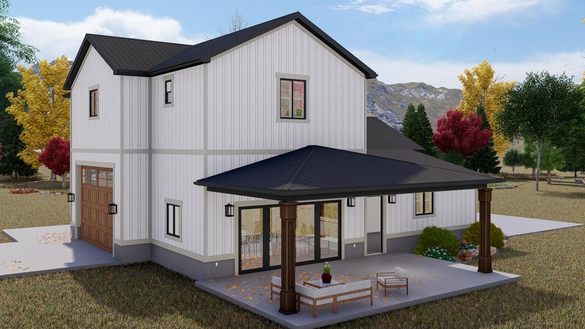 Modern Farmhouse house plan exterior with vertical siding, gable roof, attached garage, and covered patio.