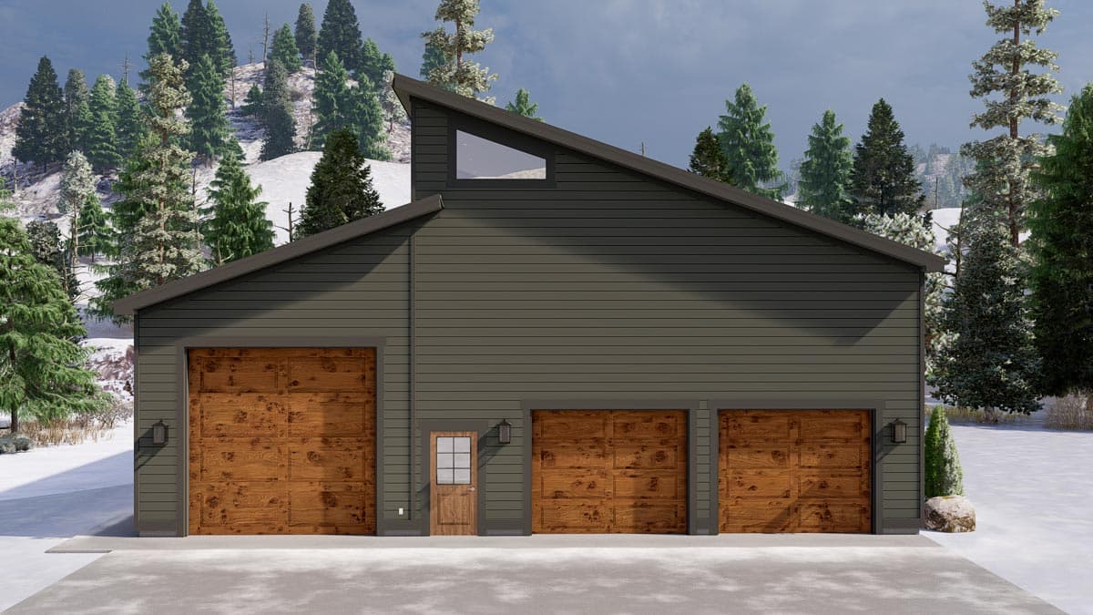 House plan exterior with a single-story structure, four garage bays, and a unique asymmetrical roofline with a triangular window.