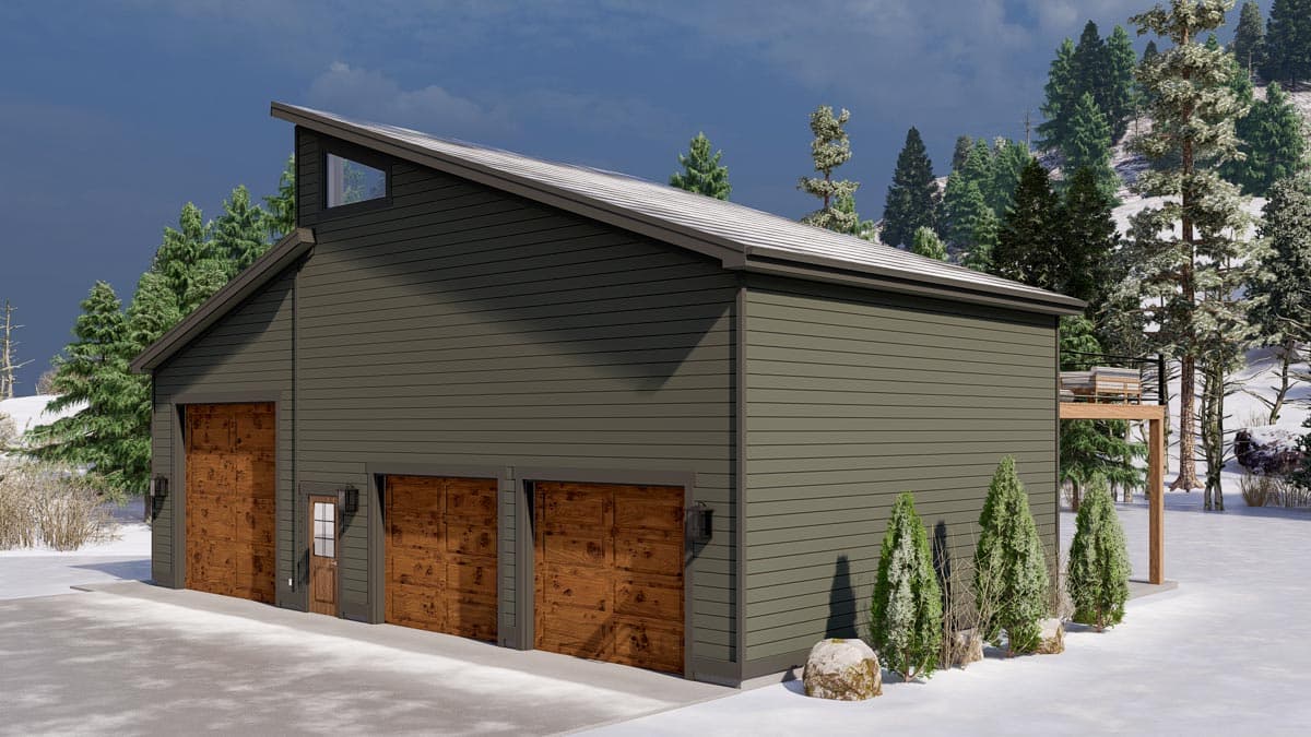 Modern style house plan exterior with three garage doors, a shed roof, and a triangular upper window.