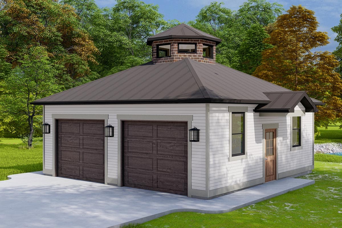 House plan exterior. Two-car garage with cupola, gable roof, and two windows. Dark trim and brick accents.