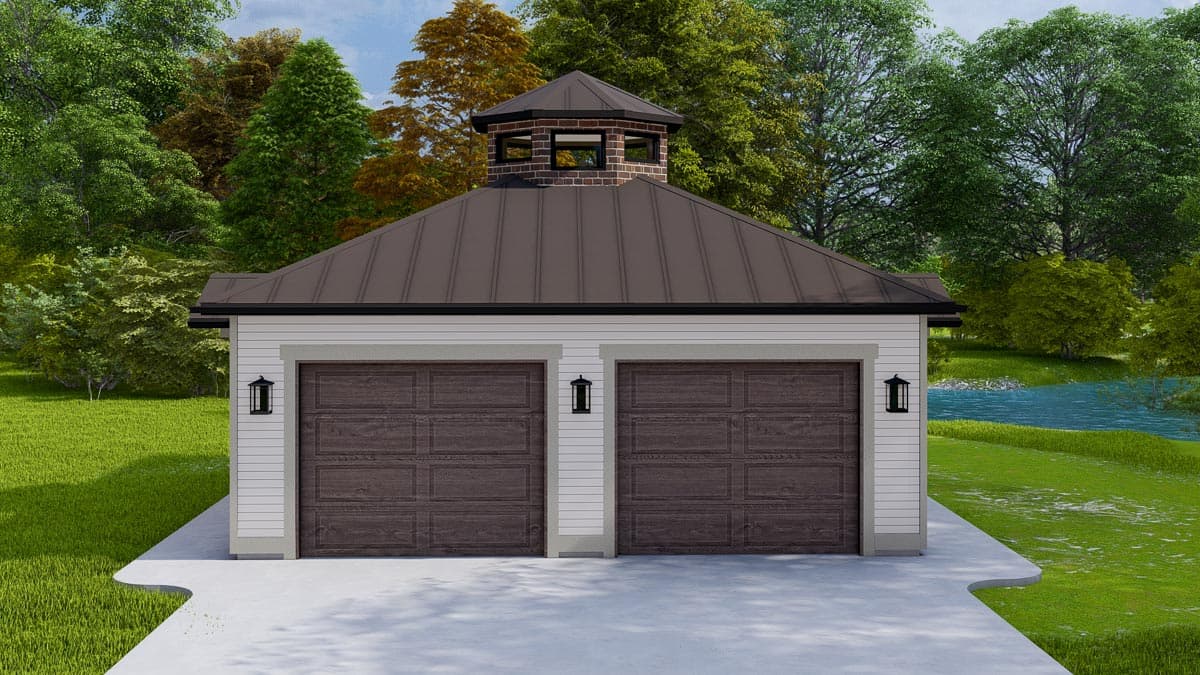 House plan exterior of a two-car garage with a dark metal hip roof and a central octagonal cupola with brick accents.