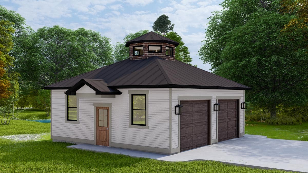 House plan exterior: One-story structure with a metal hip roof, prominent cupola, two-car garage, and front entry door.