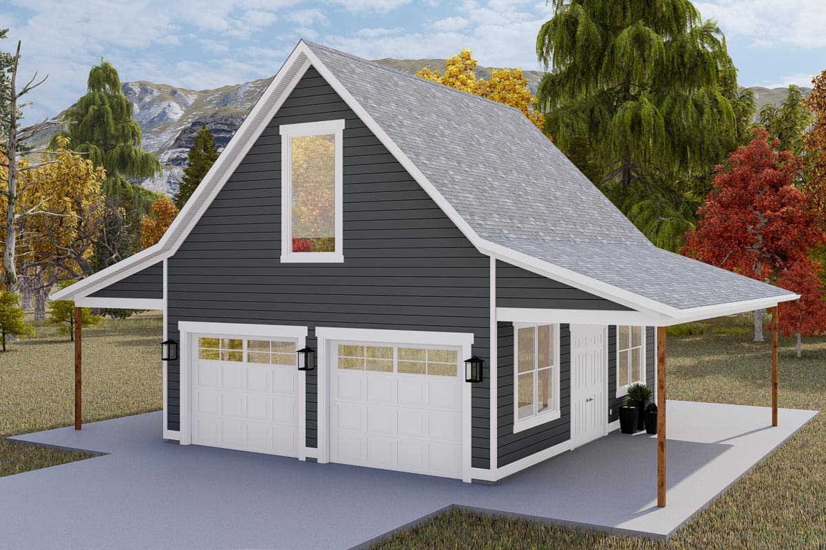 House plan exterior. Two-story structure with gable roof. Includes two-car garage, covered porch, and a large second-story window.