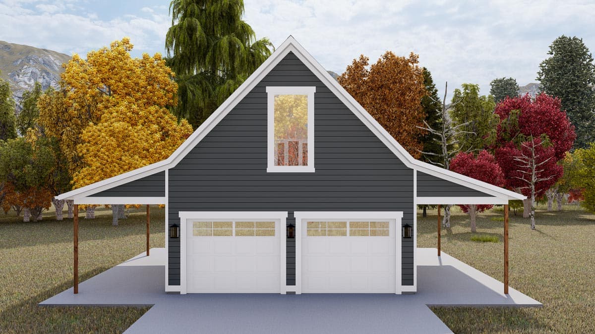 House plan exterior: Modern design with a gambrel roof, two-car garage, and covered side porches.