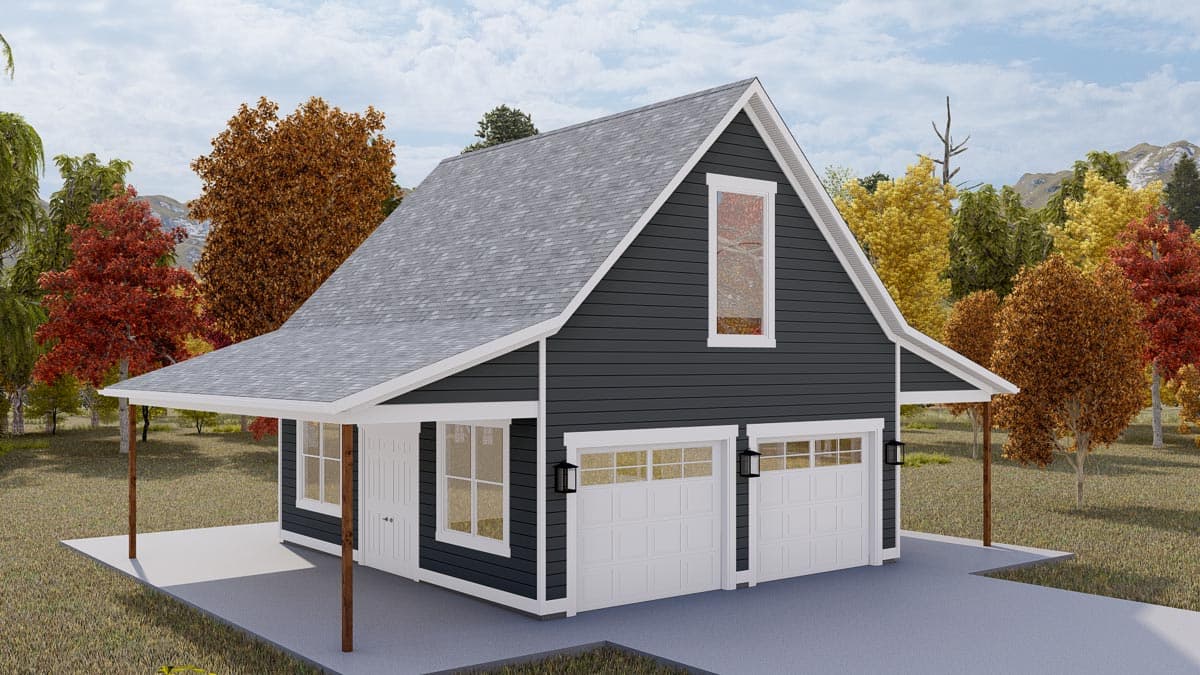 House plan exterior with gambrel roof, two garage doors, covered porch, and dormer window.