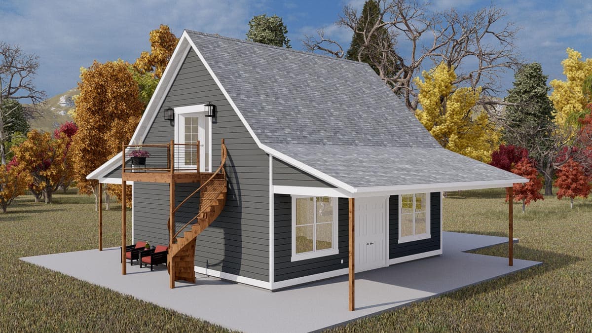 House plan exterior: Gable roof, two stories, upper deck with spiral staircase, and covered porch.