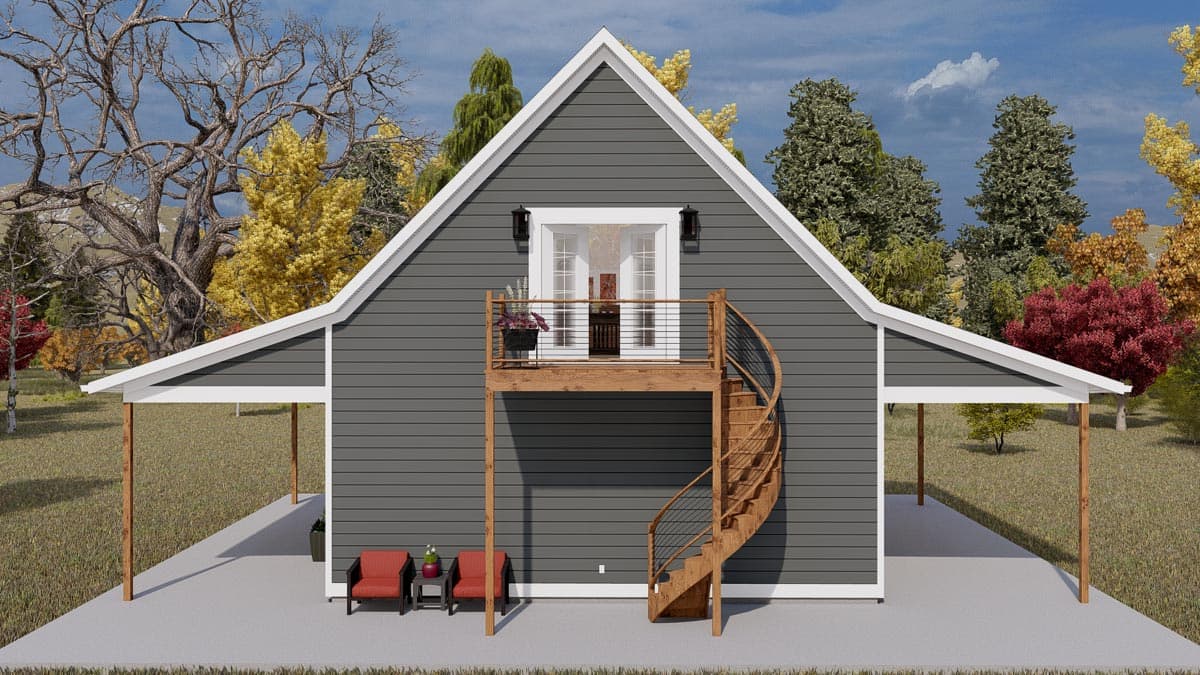 House plan exterior: Modern Farmhouse style with gabled roof, covered porches, second-story balcony, and spiral staircase.