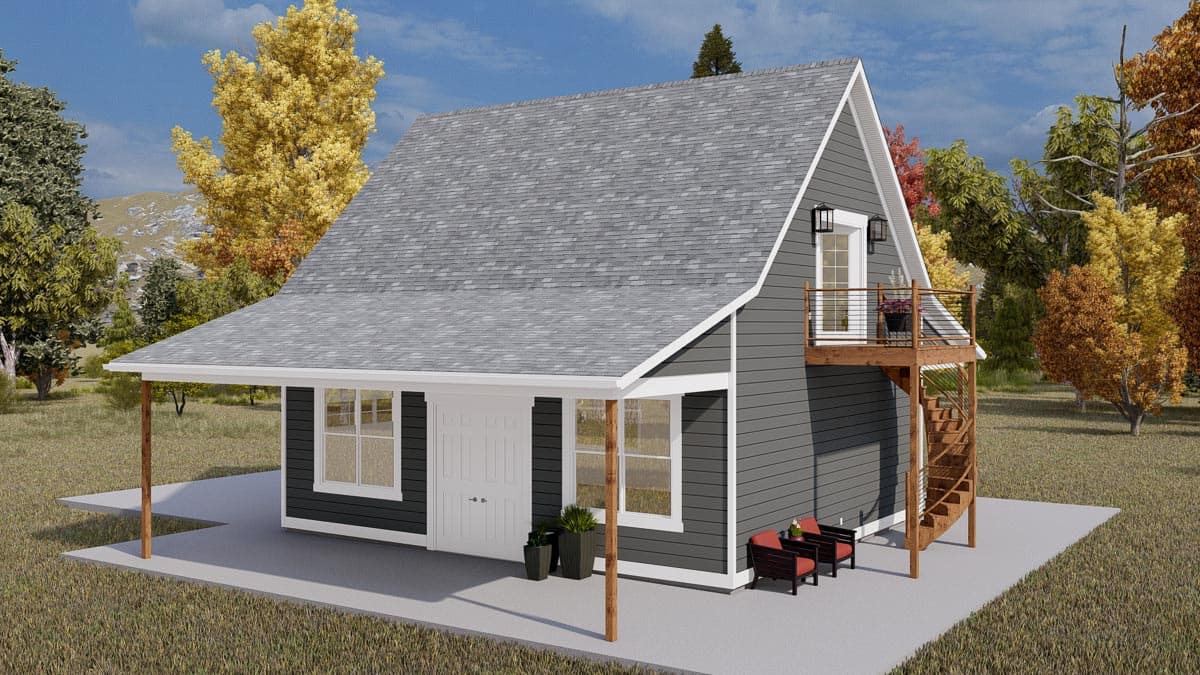 House plan exterior featuring a prominent A-frame gable, covered porch, and elevated deck with spiral stairs.