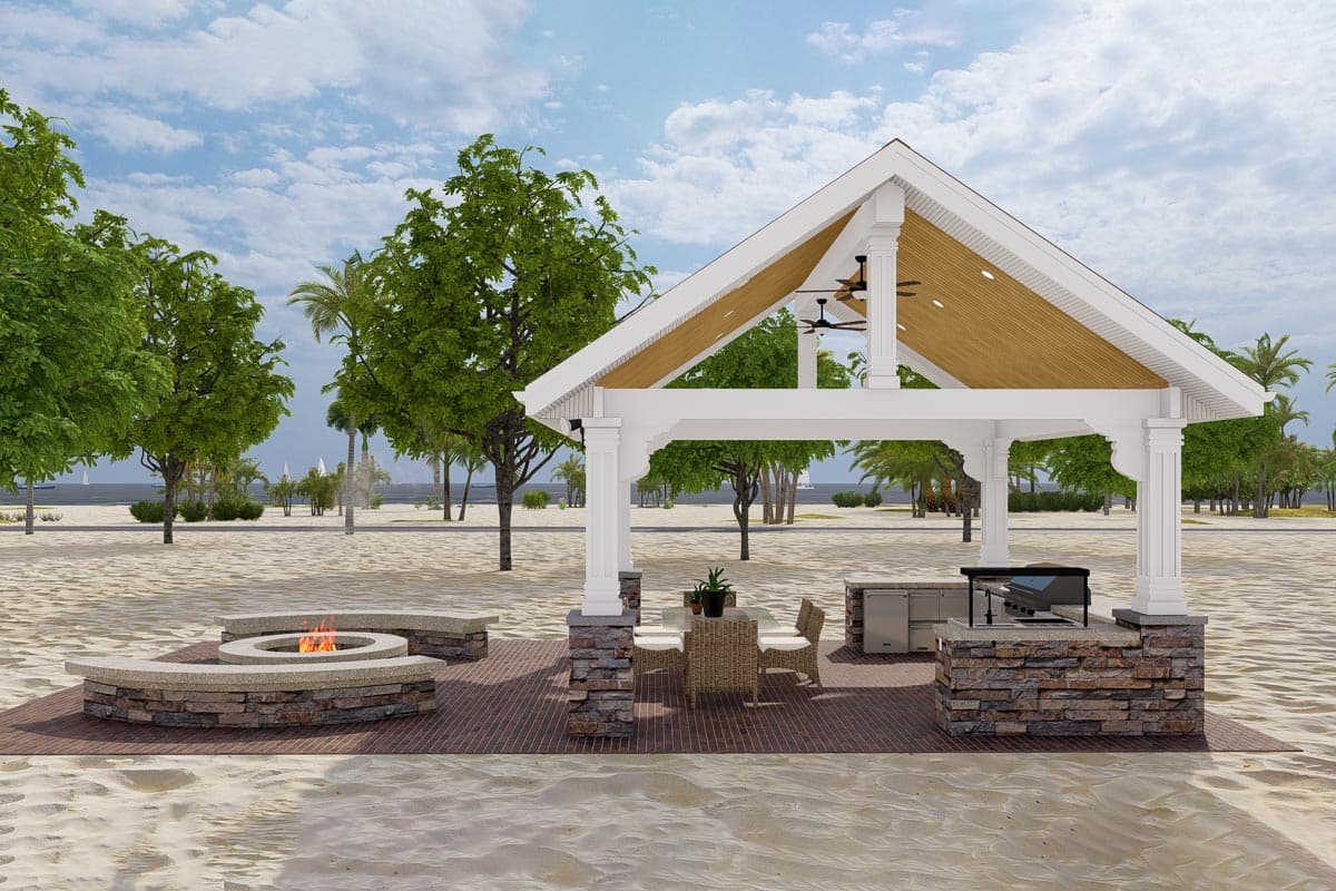 Outdoor kitchen rendering with gabled roof, exposed beams, and stone-clad base. Features include a built-in grill, seating area, and fire pit.