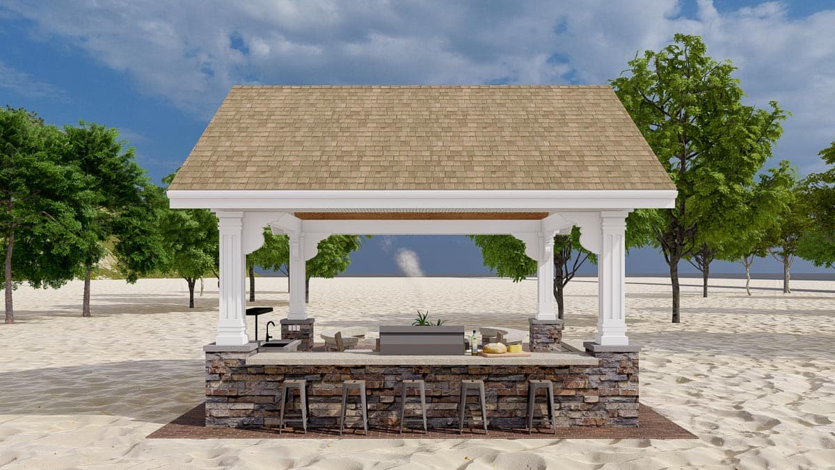 Outdoor kitchen and bar structure with stone base, island, grill, sink, and seating under a gable roof.