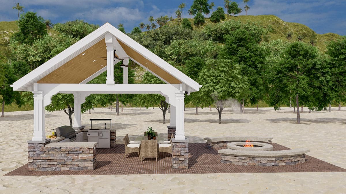 Outdoor kitchen pavilion with built-in grill, seating, and circular fire pit.