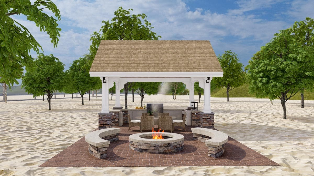 Outdoor pavilion with built-in grill, dining area, stone fire pit, and curved stone benches.