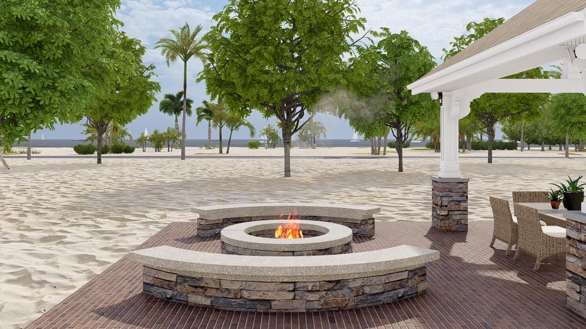 Outdoor seating area with circular stone fire pit, curved benches, and a covered patio with stone columns.