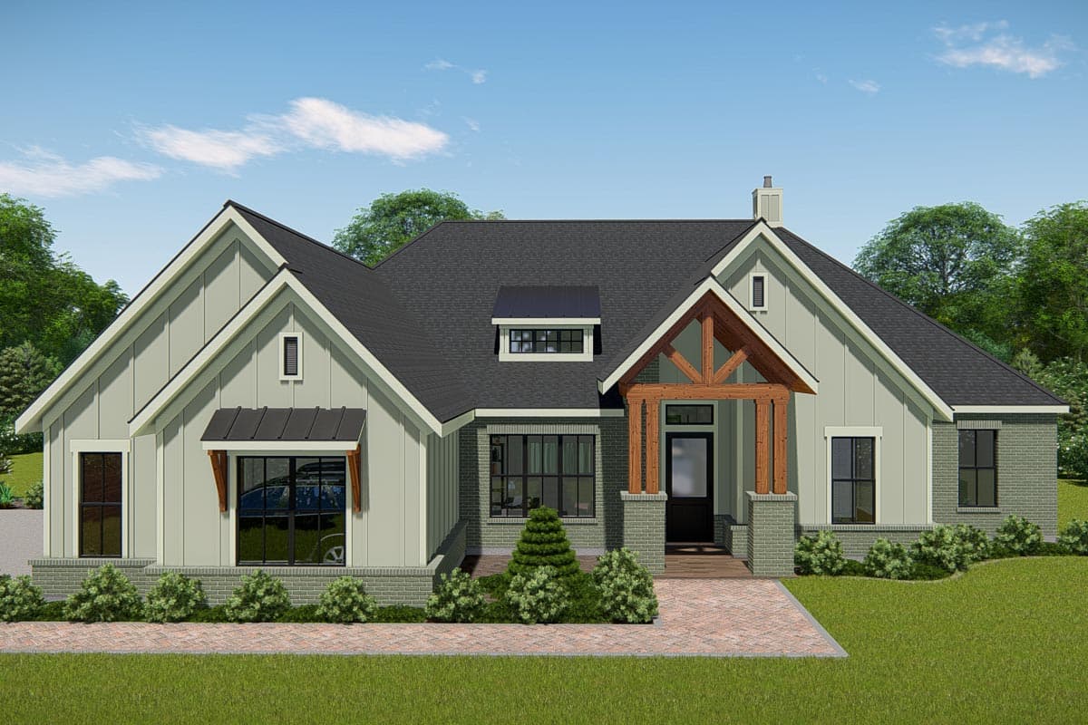 House plan exterior. Modern Farmhouse style with gabled roof, timber-framed entry porch, and a brick skirt. Includes a dormer window.