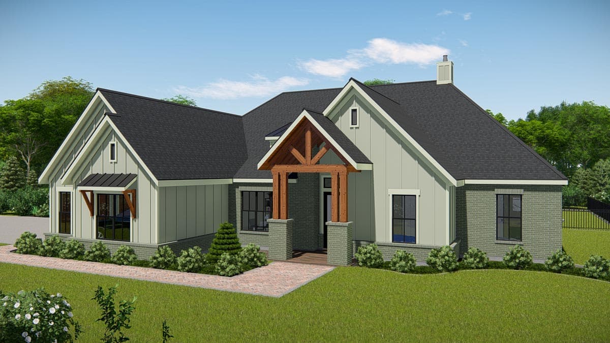 House plan exterior: Modern Farmhouse style, one story, with gabled rooflines, prominent timber-framed porch, and board and batten siding.