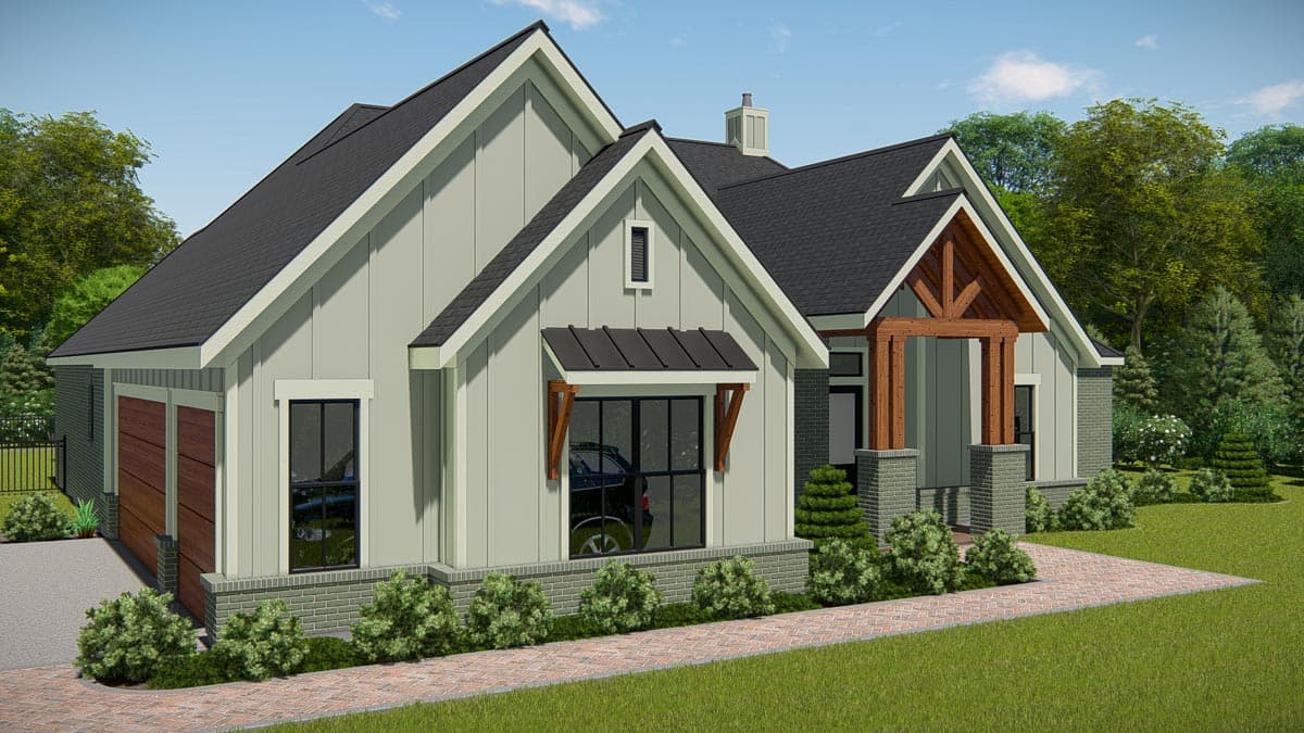 House plan exterior: Modern Farmhouse style, one story, with gable rooflines, covered entry with wood beams, and attached garage.