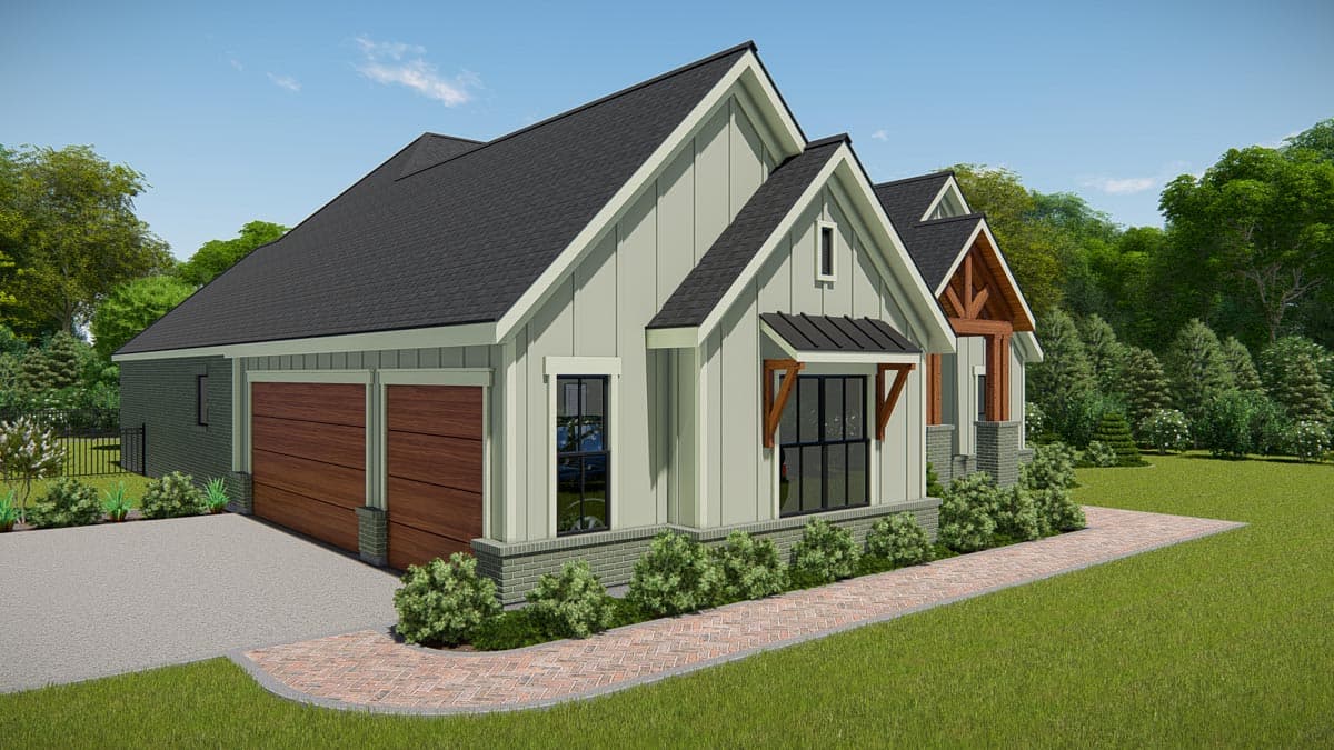 Modern Farmhouse house plan exterior with dual garage doors, board and batten siding, gables, and a covered entryway.