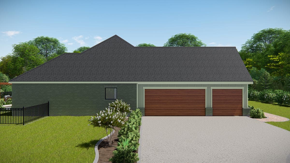 House plan exterior with a brick facade, gable roofline, and a three-car garage with wood-look doors.
