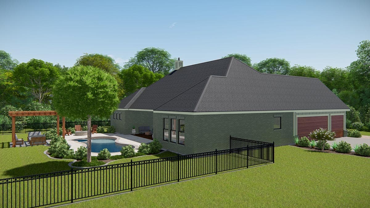 House plan exterior: One-story Modern Farmhouse with brick facade, gabled roof, and attached three-car garage.