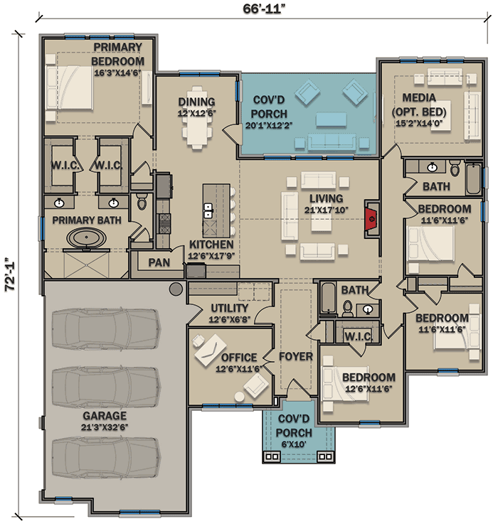 Plan 25423TF: New American Ranch Home Plan with Home Office and Media Room - 2812 Sq Ft - Floor Plan - Main Level - Craftsman, New American, Ranch
