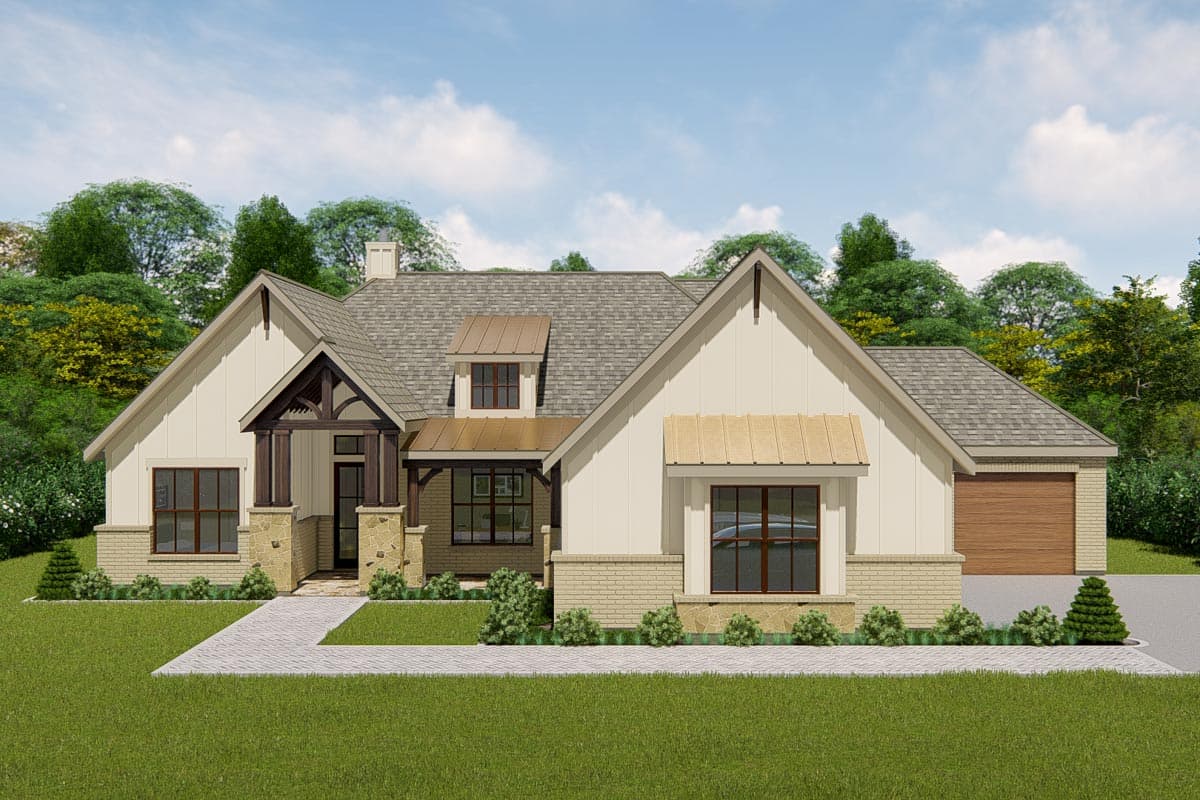 House plan exterior featuring a Craftsman-style design, single story, with gables, a covered porch, and a detached garage.