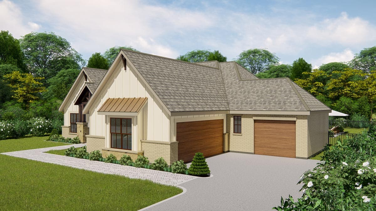 House plan exterior: Modern Farmhouse style, one story, gabled dormer with wood accent, two-car garage, and pitched roof.