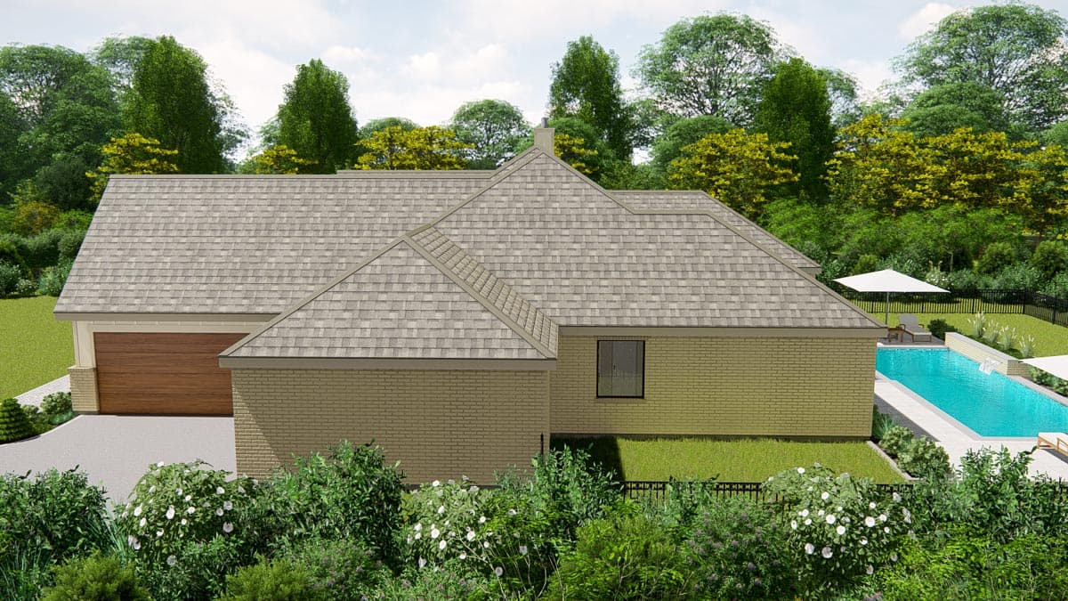House plan exterior, one story, brick facade, attached garage, and prominent rooflines.