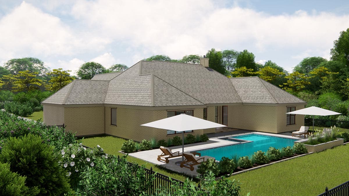 House plan exterior rendering of a single-story brick home with a hip roof, pool, and surrounding landscaping.