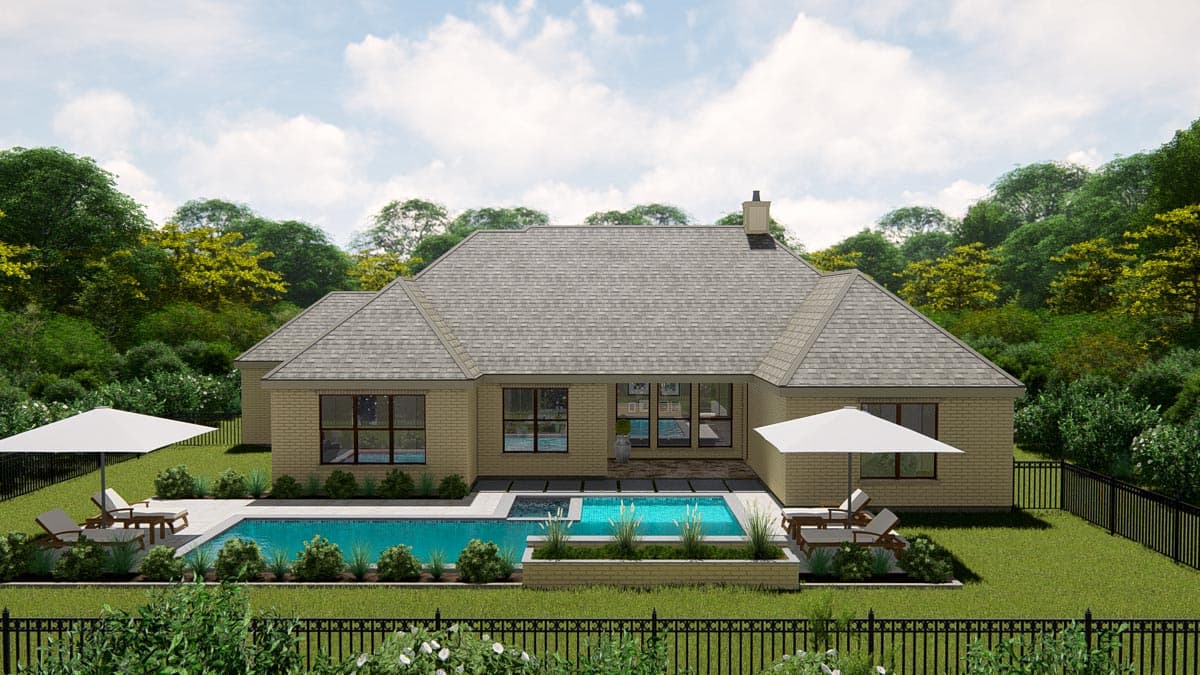 House plan exterior, one-story brick home with hip roof, wide windows, and attached patio with pool.