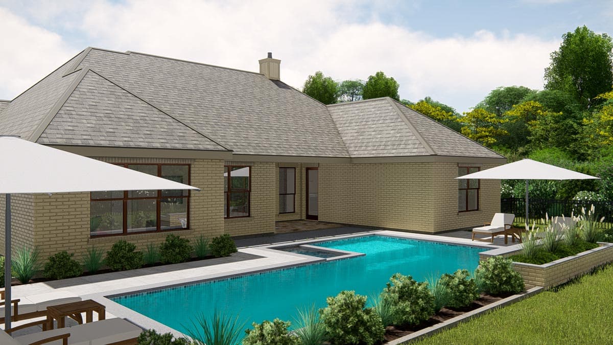 House plan exterior with tan brick, a multi-level roof, and a swimming pool with attached spa.