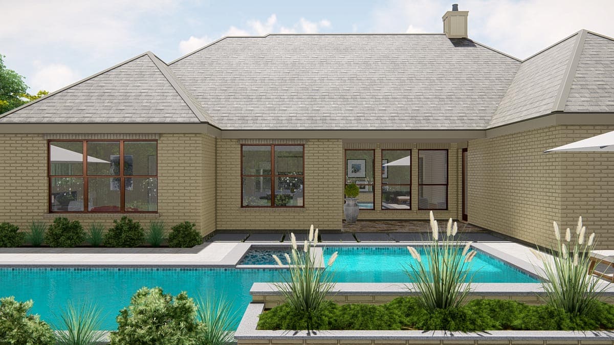 House plan exterior rendering shows beige brick, a hip roof, large windows, and a pool with spa.