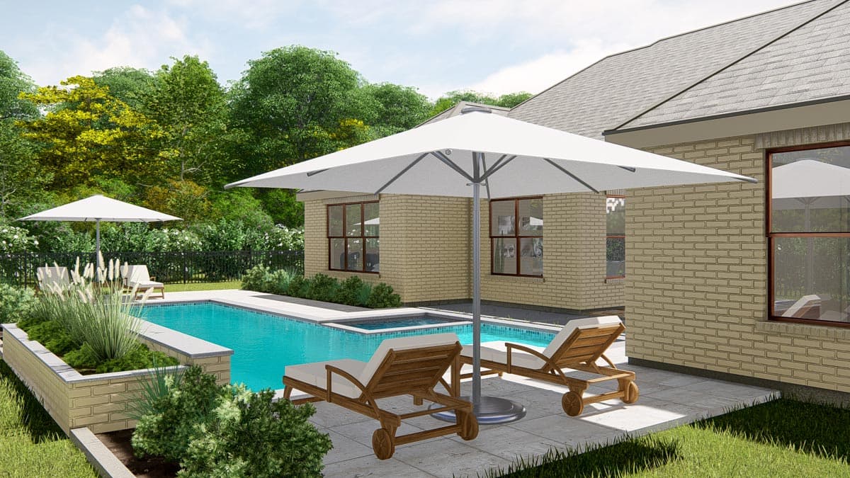 House plan exterior: single-story brick home with a gabled roof, multiple windows, and an attached swimming pool and spa.
