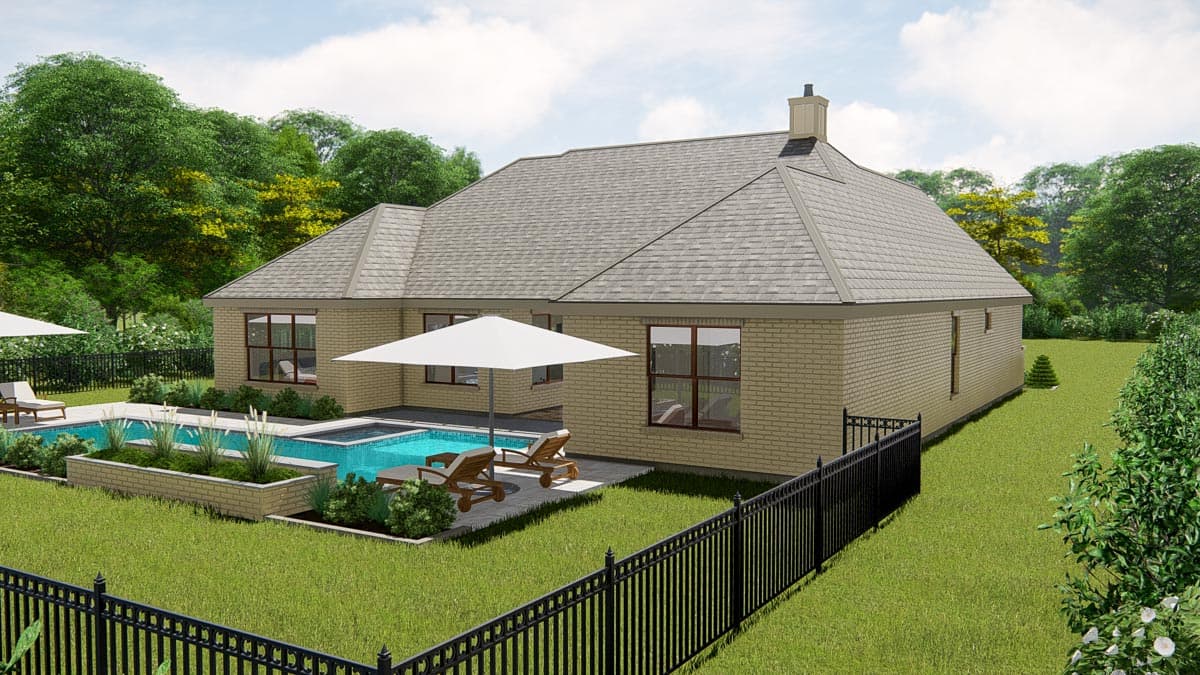 House plan exterior: One-story dwelling with tan brick, hipped roof, prominent chimney, and fenced backyard with a swimming pool.