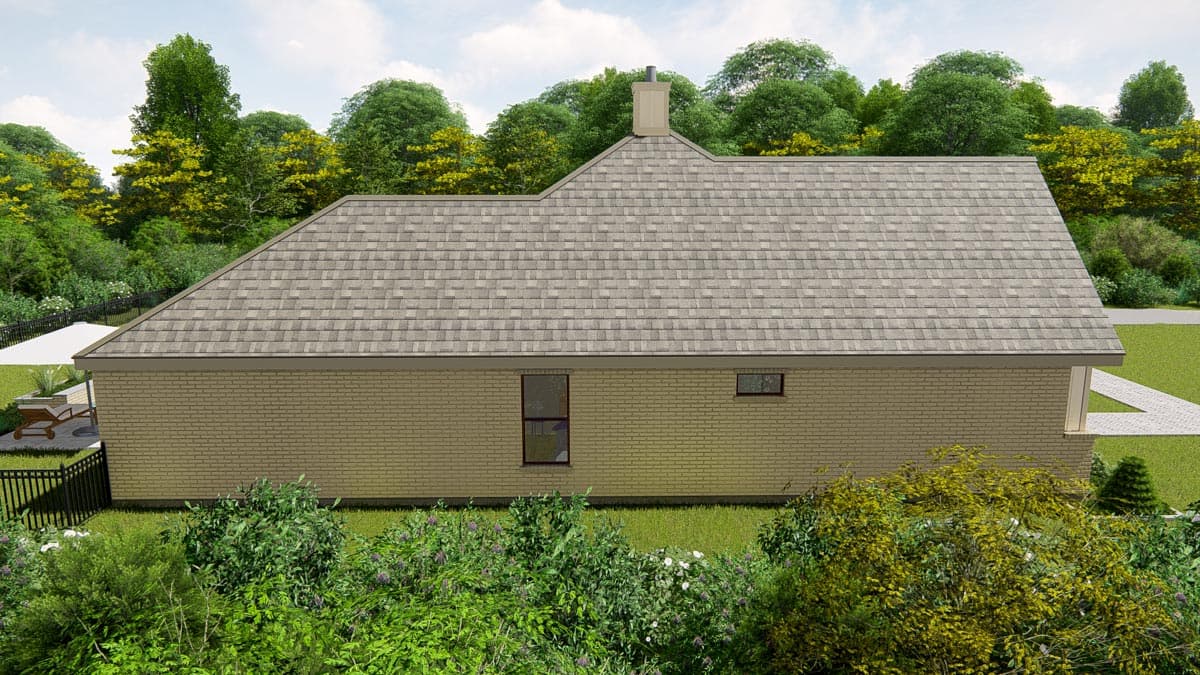 House plan exterior: Single-story brick home with a prominent gabled roof, hip roof section, and a central chimney.
