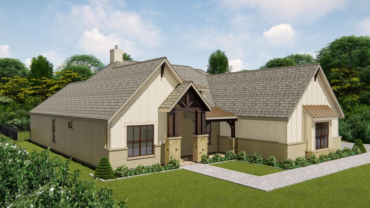 Modern Farmhouse house plan exterior with a covered entry porch, brick and siding, and multiple gables.