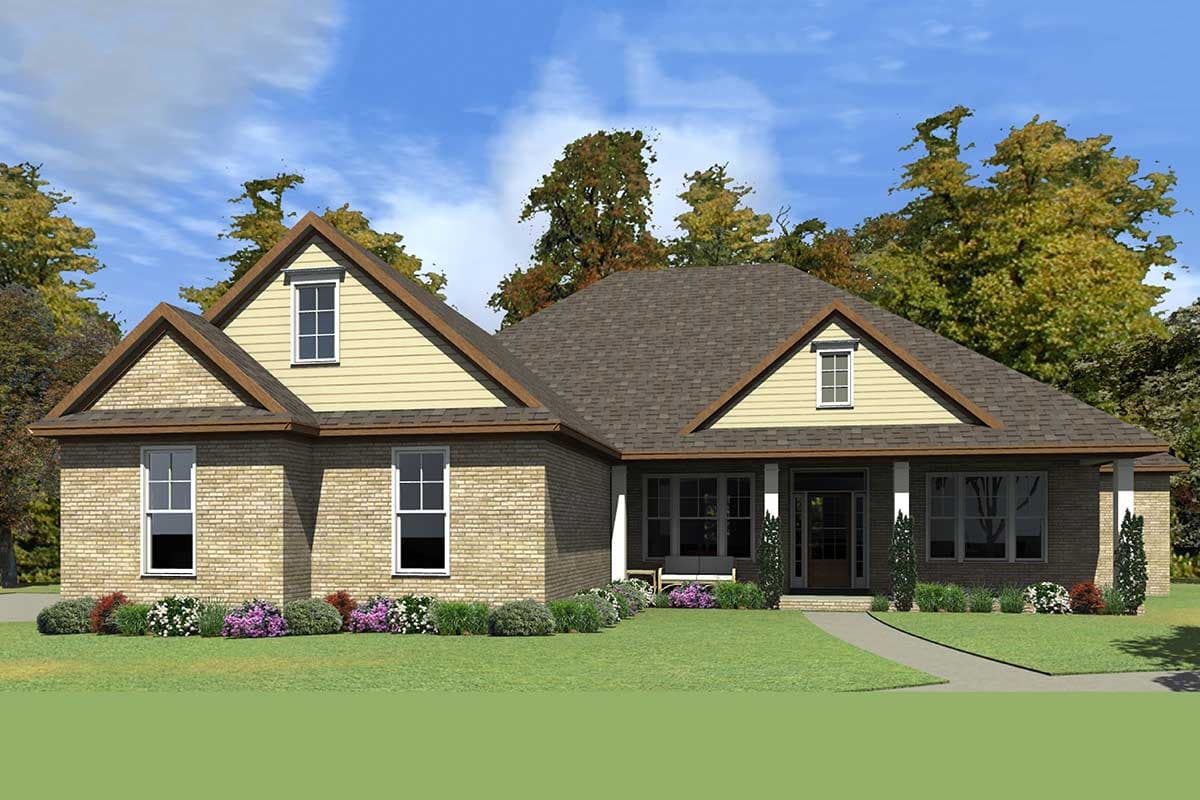House plan exterior. Ranch style with brick facade, front porch, and multiple gables. Features include dormers and a low-slope roofline.